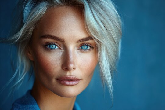 portrait of a person with short tousled blonde hair and blurred face, wearing a blue sweater against a textured blue background, quiet contemplative mood