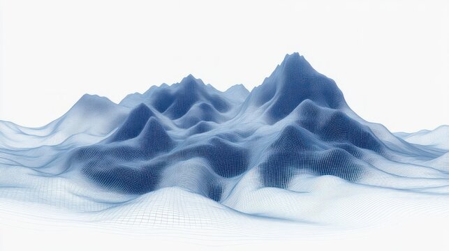 Blue wireframe mountain range and flowing grid contours on white background conveying calm minimal futuristic serenity