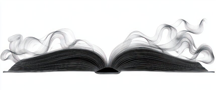 Open book with pages flowing upward like smoke, delicate wavy lines suggesting calm, dreamy imagination and gentle motion