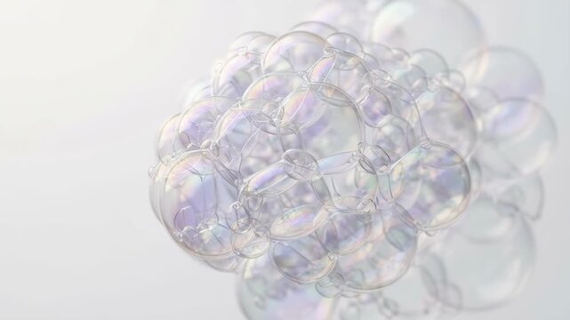 Iridescent soap bubbles clustered in a sphere. Shimmering rainbow colors on a clean white background. Liquid forms concept