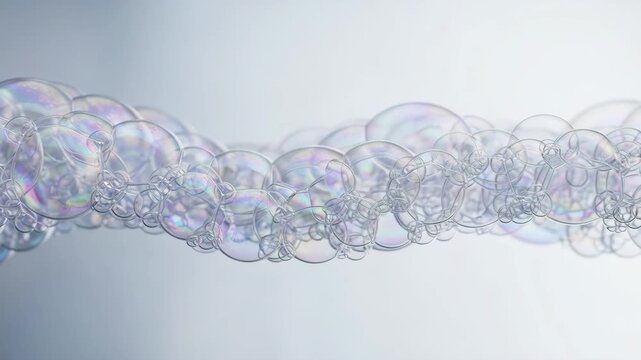 Iridescent soap bubbles forming a wave across the frame. Shimmering foam texture on a light gray background. Liquid forms concept