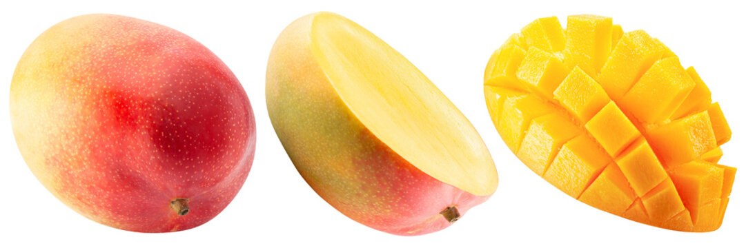 Fresh mango fruit sliced and cut into cubes isolated on a white background