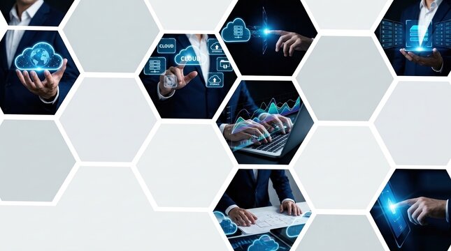 Cloud infrastructure, enterprise technology, connected service concept with hexagon cloud computing interface.