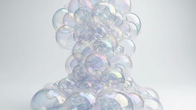 Column of iridescent soap bubbles rising from foam. White background. Liquid forms concept