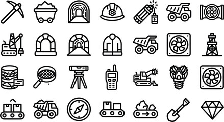 Mining and Excavation Line Icons Collection Featuring Tools, Equipment, Vehicles, and Industrial ProcessesMining and Excavation Line Icons Collection Featuring Tools, © Mst Sumi
