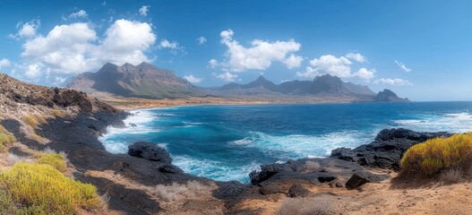 Fototapeta premium sunlit rugged coastline with turquoise sea and crashing waves, rocky foreground and sandy bay, distant mountain peaks under blue sky with fluffy clouds, calm expansive mood