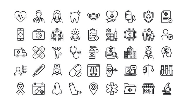 Comprehensive collection of modern medical healthcare and wellness line icons for digital design projects