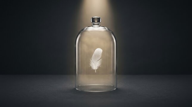 Fragility, protection, delicate balance concept with feather suspended under glass bell jar.