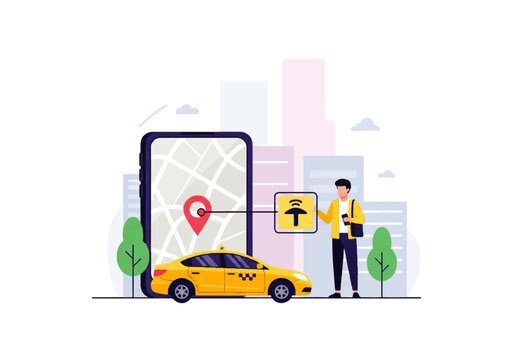 Vector flat design illustration of a man ordering a taxi using a mobile app with GPS navigation and a city skyline