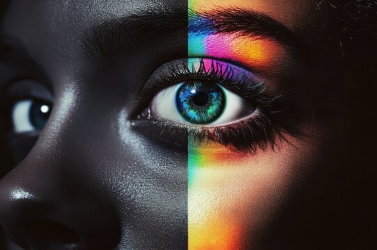 close-up split face portrait with dramatic contrasting lighting and vivid rainbow prism across one eye and cheek, intense curious gaze, rich skin texture and deep shadows