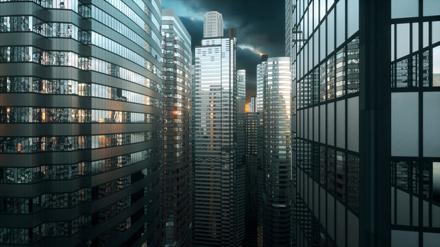 Glass skyscrapers reflect golden sunset light through their windows, standing tall in a dense urban canyon with dark clouds overhead.