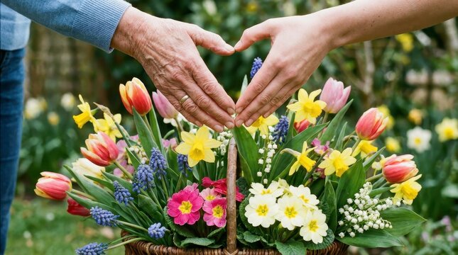 Close-up of an elderly man and young woman hands forming a heart shape over a basket of bright spring tulips and primroses in a green garden. Concept of generational connection