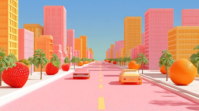 Isometric view of a modern city street with red cars and palm trees in daylight
