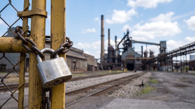 Padlock on Industrial Fence Gate with Blurred Factory Copy Space