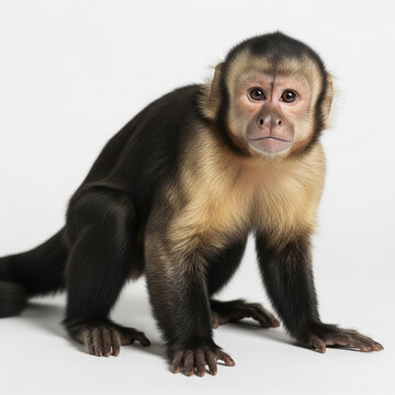 A capuchin monkey with black and tan fur crouches on a white surface looking forward with big eyes and a pink face
