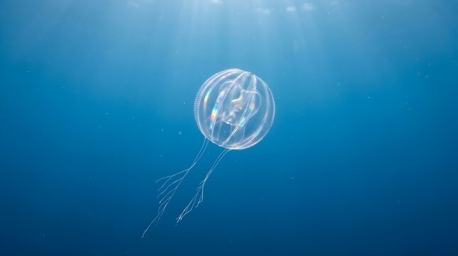Close up of transparent ctenophore jellyfish floating in deep blue sea with light rays