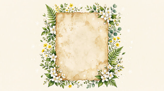 Cream parchment with green floral and yellow berry border