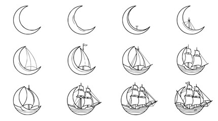 Crescent Moon to Sailing Ship Transformation - Step by Step Illustration © Akun