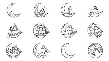 Set of Icons: Sailing Ships and Crescent Moons, Continuous Line Art Style © Akun