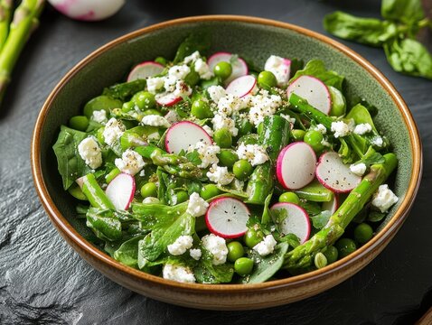 Vibrant fresh spring salad with asparagus, peas, radish slices and crumbled white cheese on mixed greens, bright and appetizing