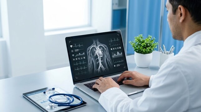 Telemedicine consultation, online diagnosis, digital healthcare concept with doctor reviewing patient scan on laptop.