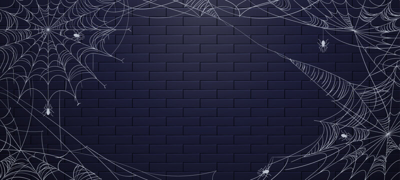 Intricate spider webs with spiders intricately woven across a textured brick wall surface design