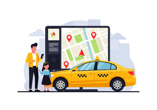 Vector flat design illustration of a man and child waiting for a yellow taxi with a navigation map on a screen