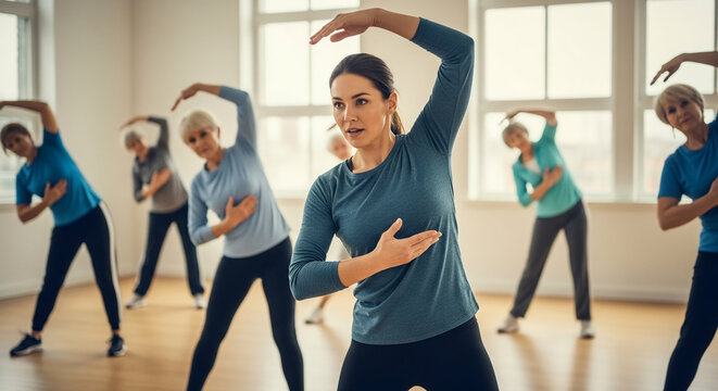 Active senior citizens participating in a fitness class with a young instructor performing graceful stretching and coordination exercises in a gym.