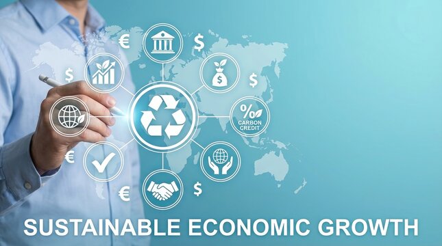 Sustainable economic growth, green finance, circular economy concept with recycling and financial icons.