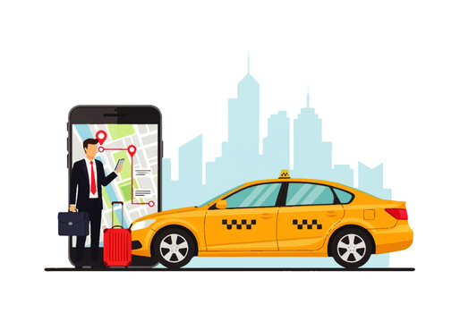 Vector flat design illustration of a businessman using a mobile app for a taxi ride in a city with a yellow cab