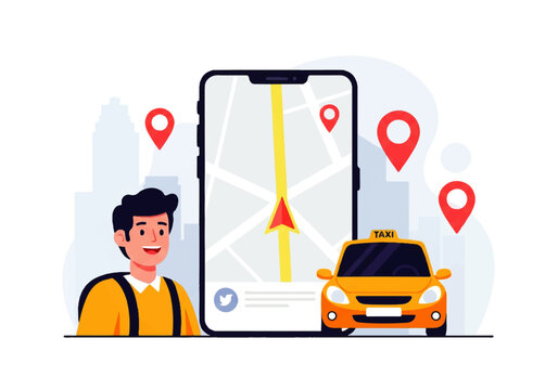 Vector flat design illustration of a man using a mobile app for taxi navigation with a yellow car and map pins