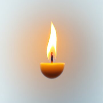 single lit candle in a small rounded holder with a warm glowing flame on a soft neutral background, calm and serene mood