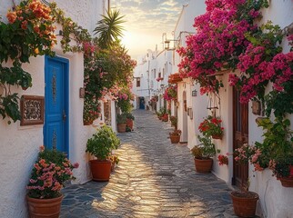 Obraz premium Sunlit cobblestone alley with whitewashed houses, blue door and overflowing pink bougainvillea in a peaceful warm village at golden hour