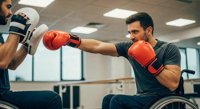 Determined male athlete in a wheelchair practicing boxing with a trainer in a modern gym facility, wearing red gloves and throwing a punch.