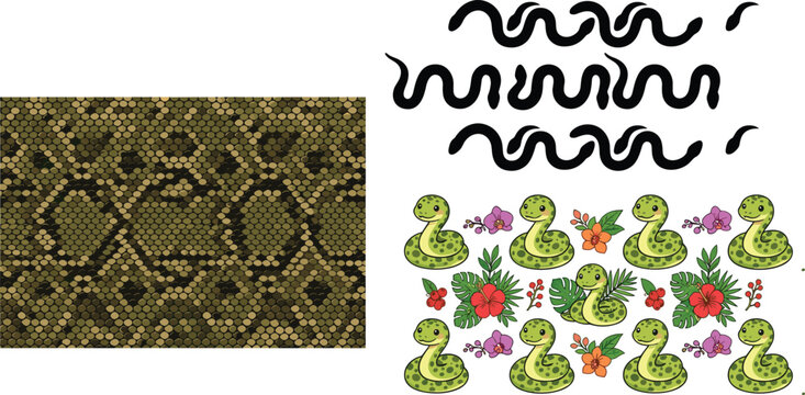 Snake Pattern and Decorative Elements Collection with Seamless Python Skin Texture, Cute Serpent Characters, Wavy Snake Shapes, and Editable Vector Design Set