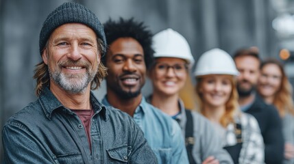 Fototapeta premium Diverse construction workers smiling in front of a modern building exterior.