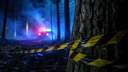 Naklejka premium Yellow and black police tape wrapped around a tree in a dark foggy forest with flashing patrol car lights in the background