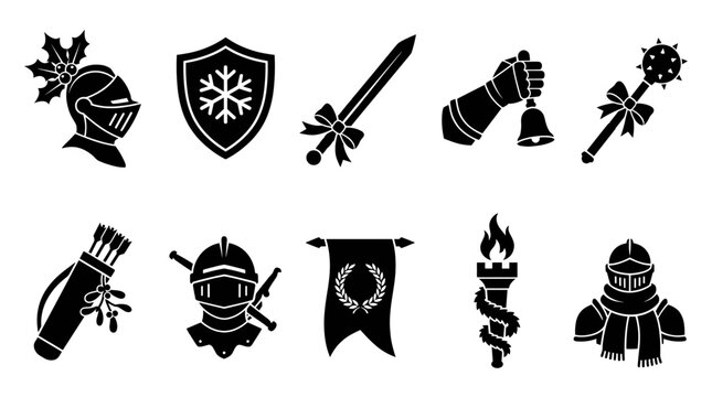 Christmas medieval knight armor and fantasy weapon silhouettes
