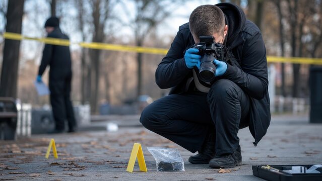 Forensic investigator photographing evidence at an outdoor crime scene with yellow markers and police tape