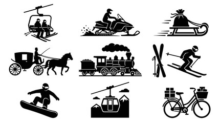 Winter transportation and mountain resort silhouette icons. © togor