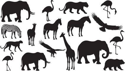 Animals Silhouettes Including Zebra, Giraffe, Elephant, and Birds in Various Poses Featuring Horse, Eagle, Flamingo with Leopard © Harry 