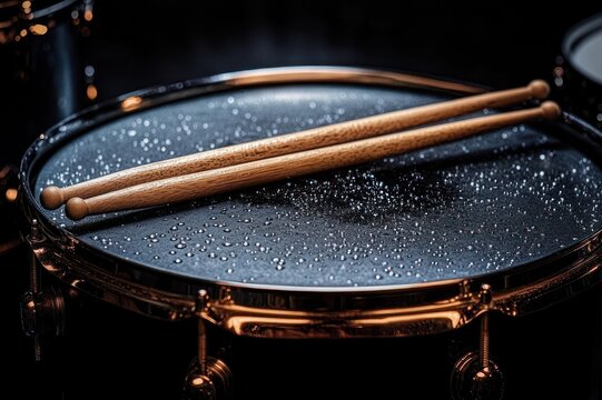moody snare drum with two wooden drumsticks resting on a water‑dotted drumhead under warm studio lighting