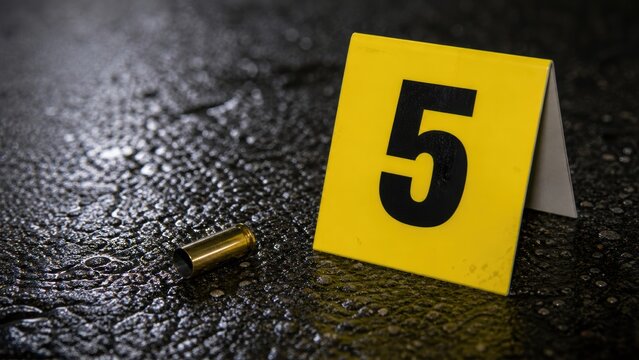 Spent bullet casing beside yellow crime scene evidence marker number five on wet asphalt