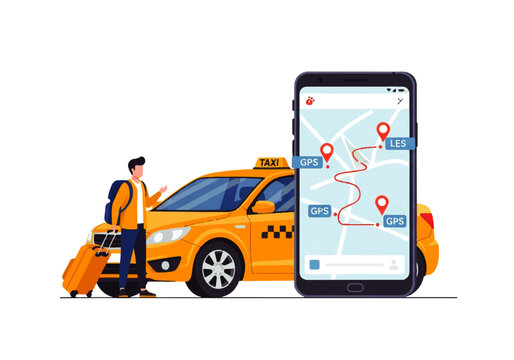 Vector flat design illustration of a man with luggage next to a yellow taxi with a navigation app on a smartphone