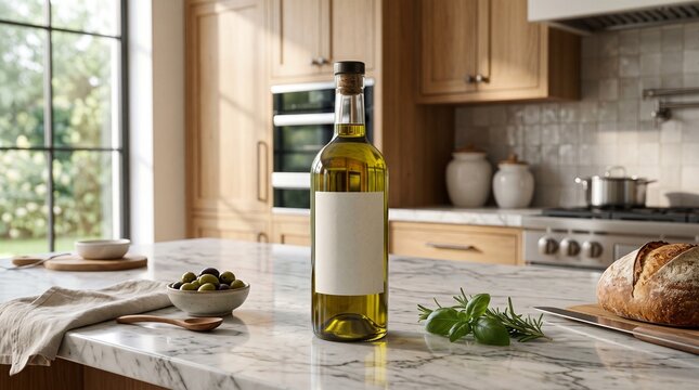 A mockup of olive oil bottle on a kitchen counter with bread and herbs.