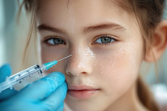 close-up of a young girl with dotted topical cream on her cheeks and nose receiving a facial injection from a gloved hand, calm yet slightly apprehensive expression