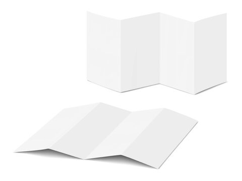Blank white 4 panel 8 page zig zag concertina fold card. Realistic vector mockup. Open accordion fold brochure, booklet, leaflet, flyer. 3d mock-up. Z folded paper sheet. Template for design