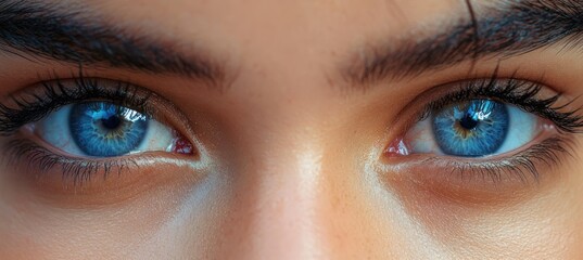 Close-up of striking blue eyes with intense piercing gaze, highly detailed irises, long eyelashes, defined eyebrows and natural skin texture conveying focus and curiosity © Monika