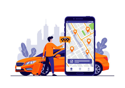 Vector flat design illustration of a person using a mobile app to hail a taxi with a car and city skyline