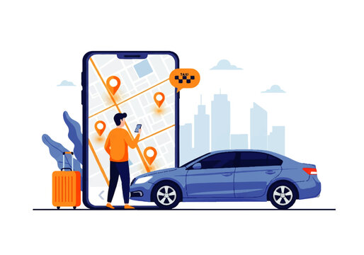 Vector flat design illustration of a man using a ride-sharing app on his smartphone with a car and city skyline